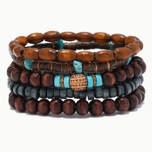 Natural Wood Beaded Charm Bracelets, Set of 5, Stretch Fit - Picture 5 of 9